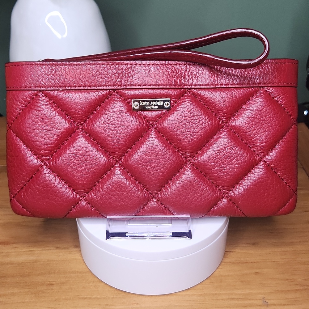 Kate Spade Quilted Red Leather Wristlet with Strap EUC